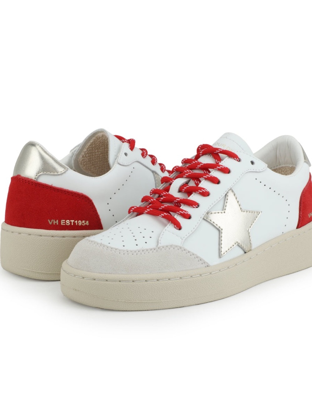 Vintage Havana “Noah”-White Leather Star Sneakers with Red Accents- Size 10